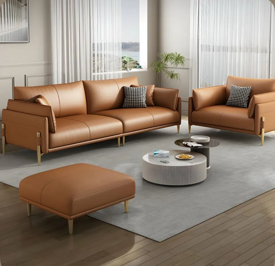 Tan Leather Sofa Set with Ottoman