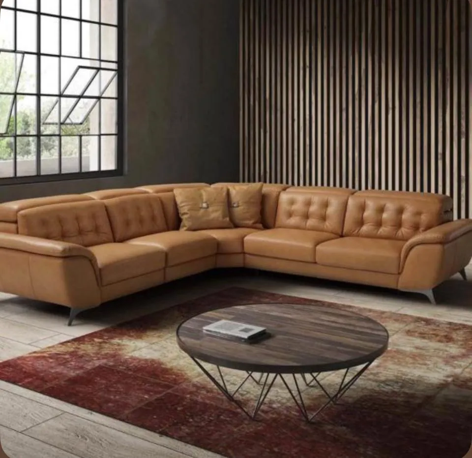 Camel Leather Tufted Corner Sectional