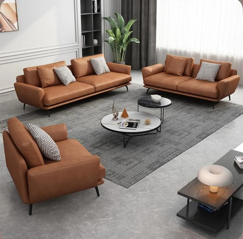 Cognac Leather 3-Piece Sofa Set