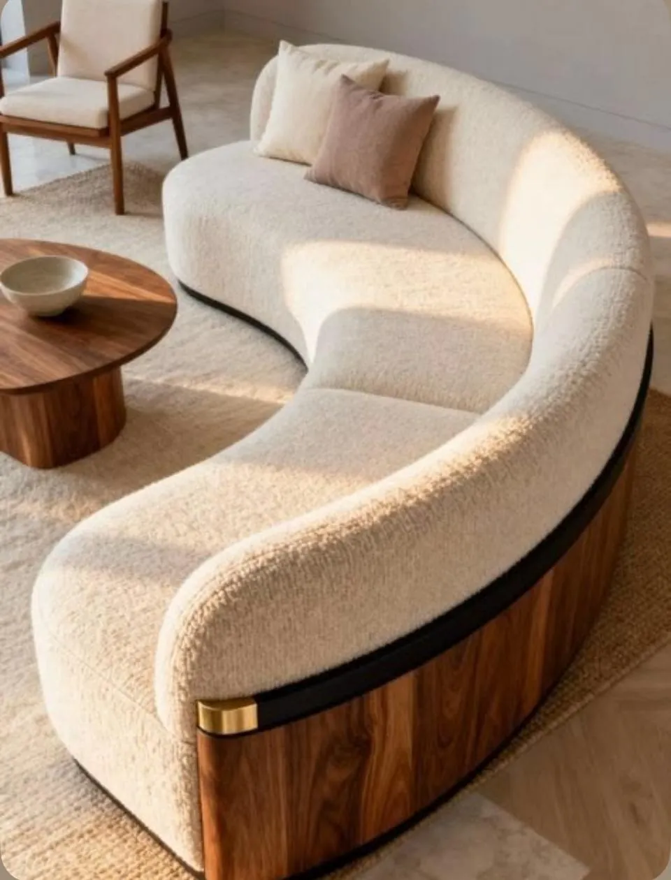 Curved Boucle Sofa with Walnut Base