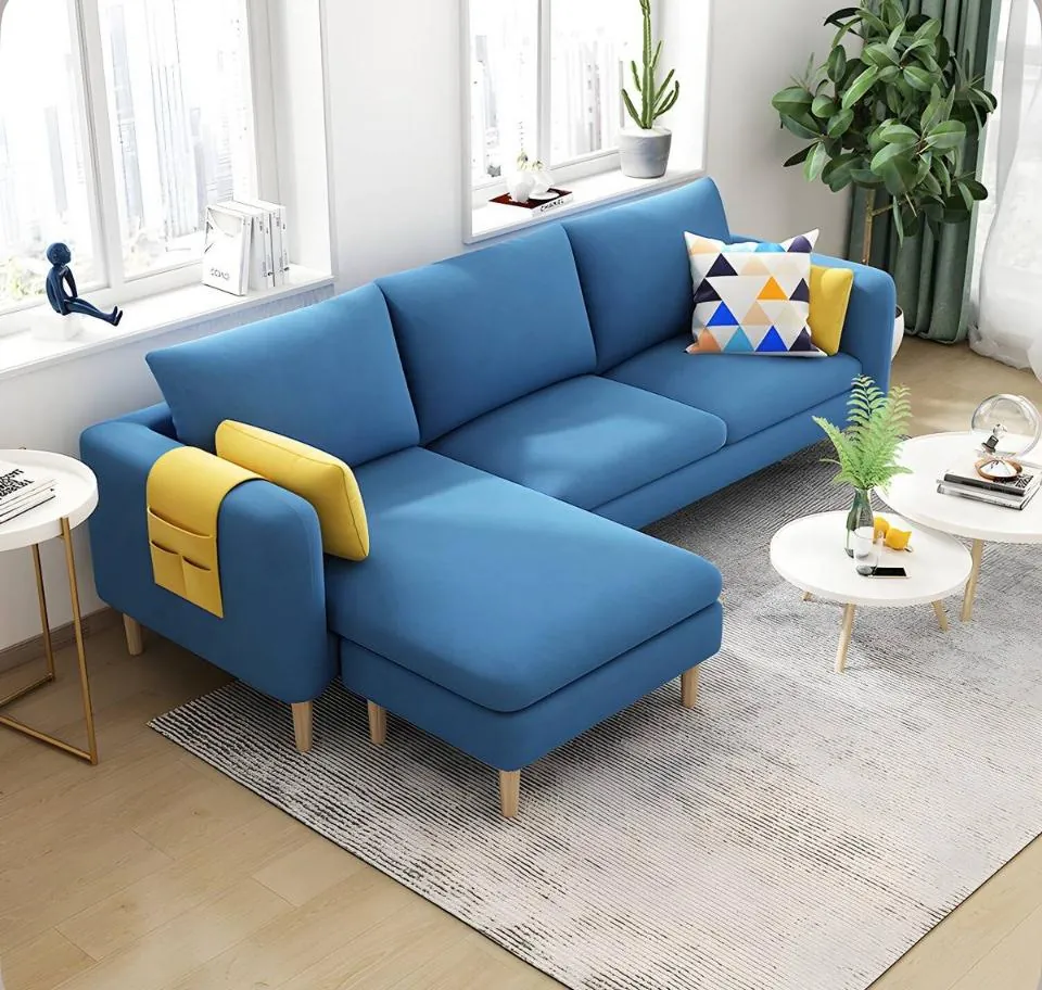 Blue Fabric L-Sofa with Ottoman