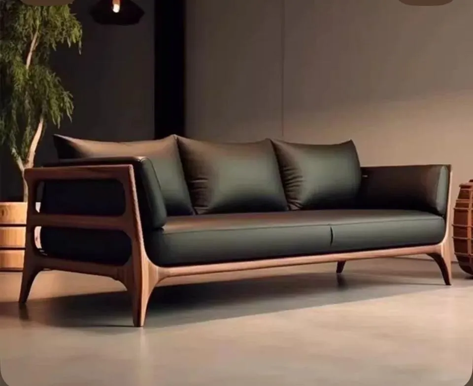 Walnut Frame Black Leather Sofa