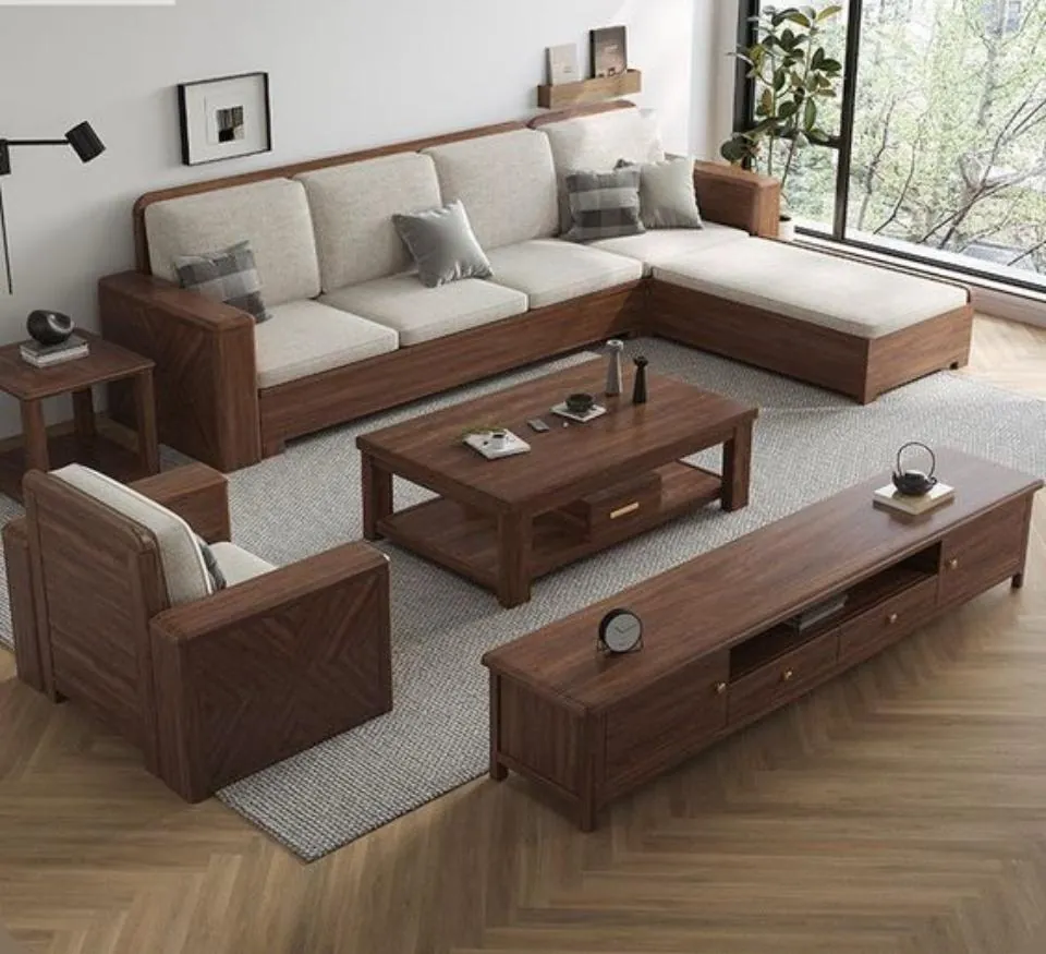 Walnut L-Sectional with Linen Cushions