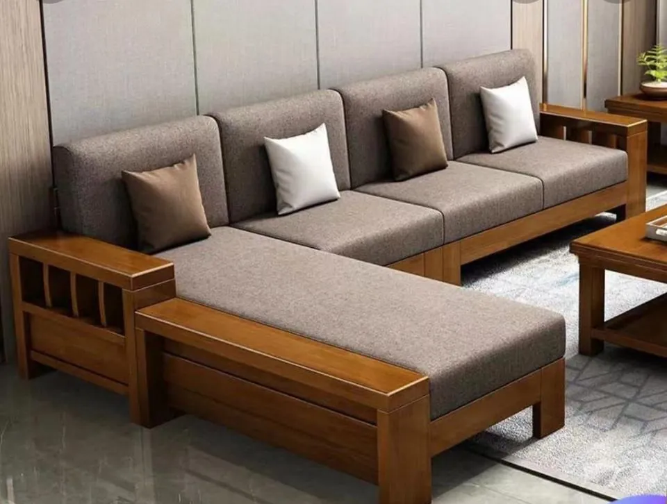 Wood-Frame L-Sectional with Grey Cushions
